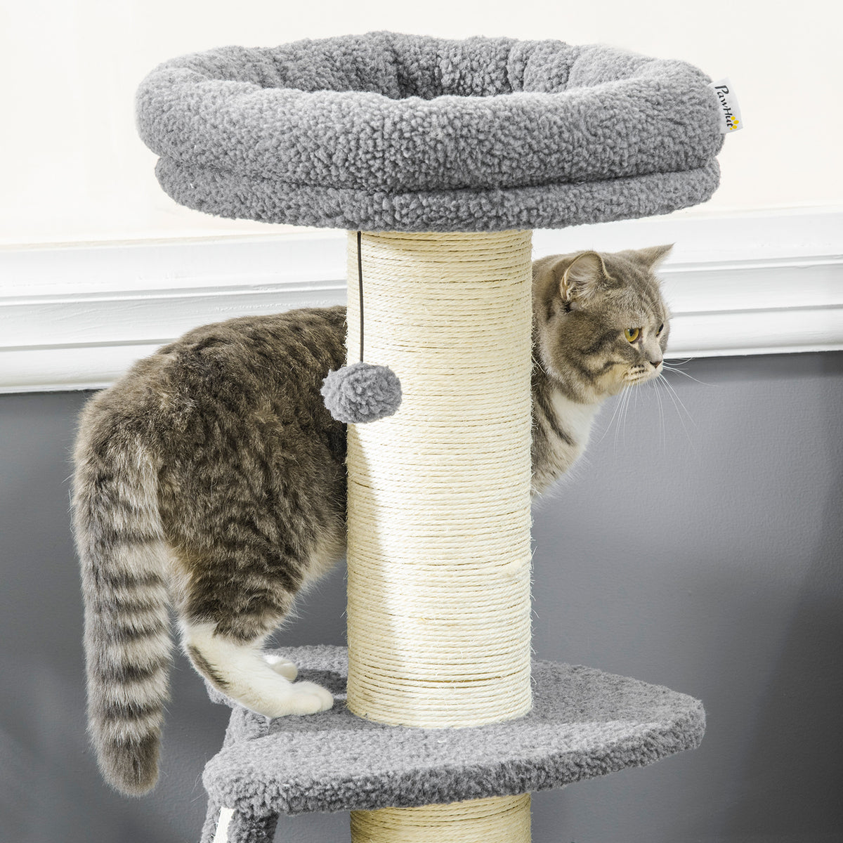 Arbre à chat avec griffoir tronc en sisal boules suspendues et plate-forme d'observation hauteur 92 cm - gris-7