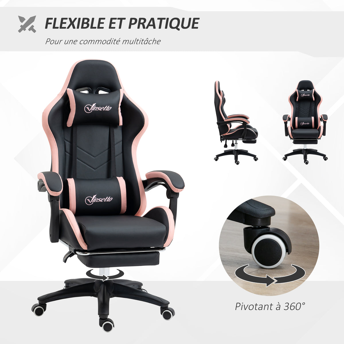 Chaise gaming fauteuil gaming ergonomique avec dossier inclinable à 135° et soutien lombaire, 65 x 65 x 121-129 cm rose-5