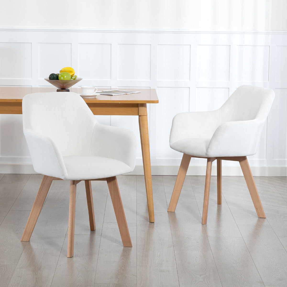 Lot de 2 chaises de salle à manger Fauteuil Assise rembourrée en tissu effet velours Pieds en bois, crème-9