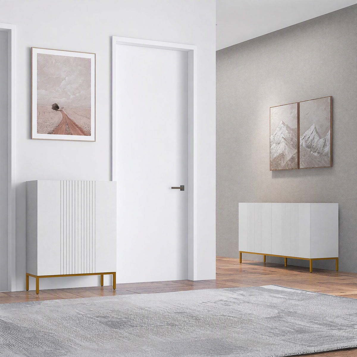 Buffet design contemporain graphique 2 placards porte étagères réglables en bois blanc métal doré-1