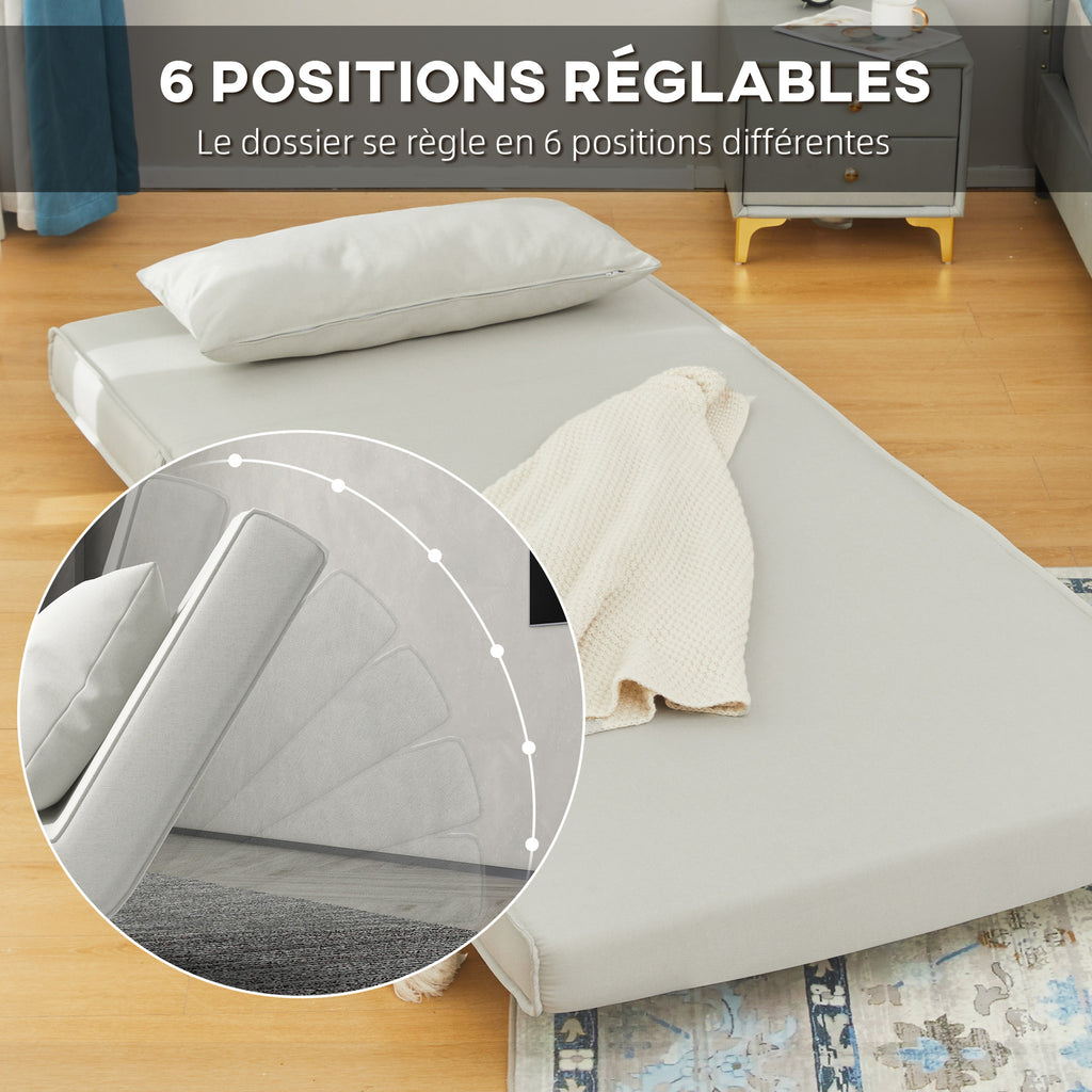 Canapé-lit 1 place avec dossier réglable, coussin inclus et pieds pliables charge 120 kg blanc-6