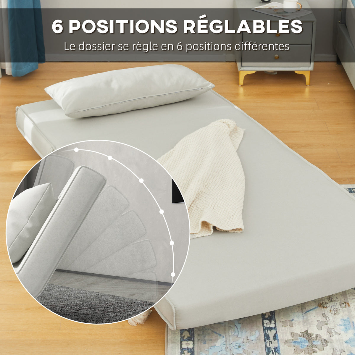 Canapé-lit 1 place avec dossier réglable, coussin inclus et pieds pliables charge 120 kg blanc-6
