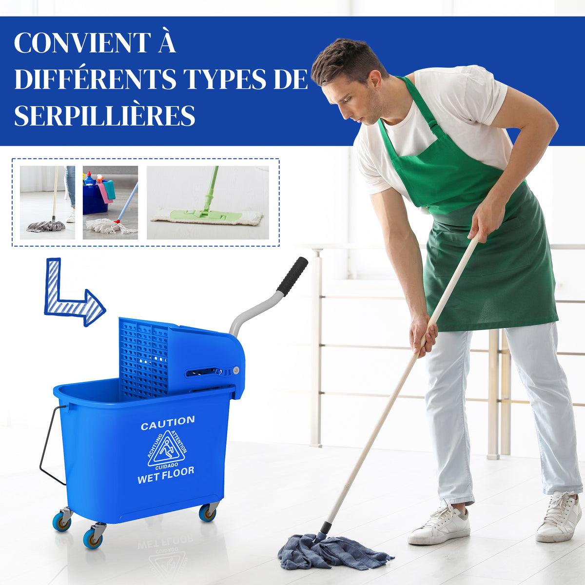 Chariot de nettoyage lavage seau de ménage 20 L avec essoreur et séparateur eau sale propre bleu 60L x 27l x 70,5H cm-6