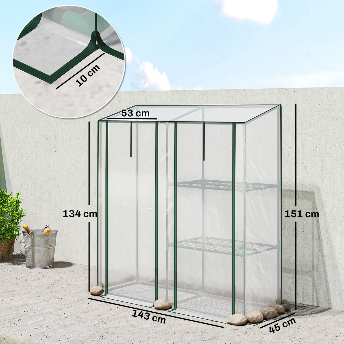 Serre de Jardin avec étagères 3 niveaux, Petite Serre en Bâche PVC et Châssis Acier, 2 Portes Roulantes, Transparent-2
