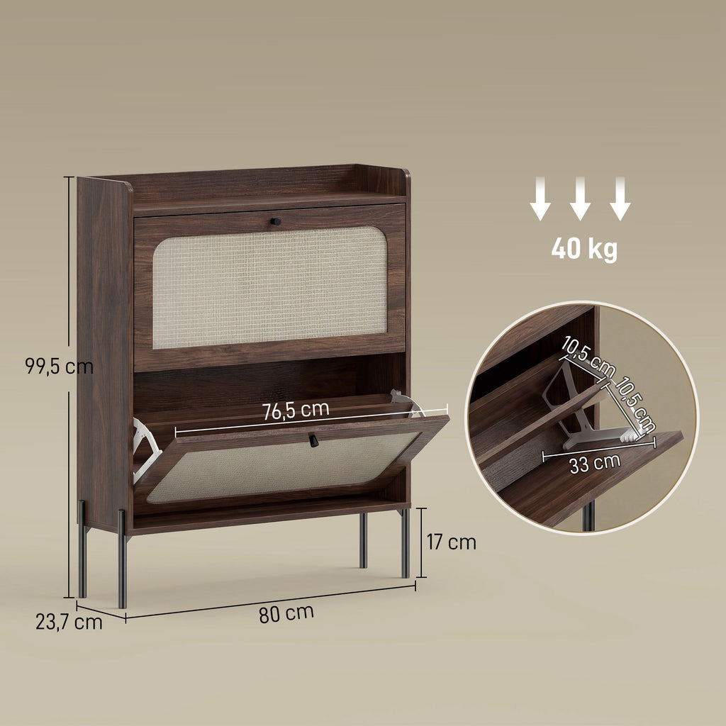 Meuble à Chaussures 16 Paires, 2 Tiroirs, Portes en Rotin et Étagères Réglables, 80x23,7x99,5cm, Marron Foncé-2