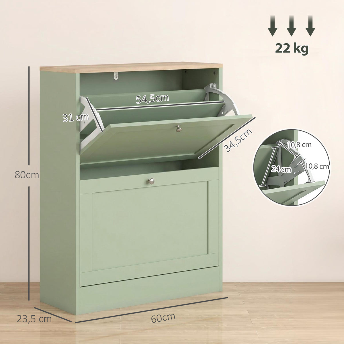 Meuble à Chaussures 12 Paires, Armoire à Chaussures Étroite avec 2 Tiroirs, Étagères Réglables, 60 x 23,5 x 80 cm, Vert-2