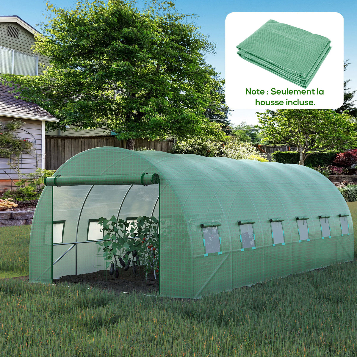 Bâche de Rechange Serre Tunnel 18 m², bâche 6 x 3 x 2 m PE Anti-UV imperméable 12 fenêtres + Porte Enroulable zippée vert-9