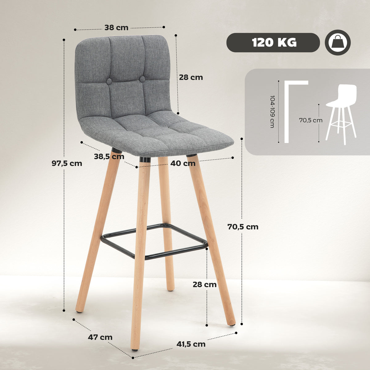 Lot de 2 tabourets de bar, chaises de bar capitonnées avec dossier et repose-pieds, pieds en bois, 41,5x47x97,5cm, gris-2