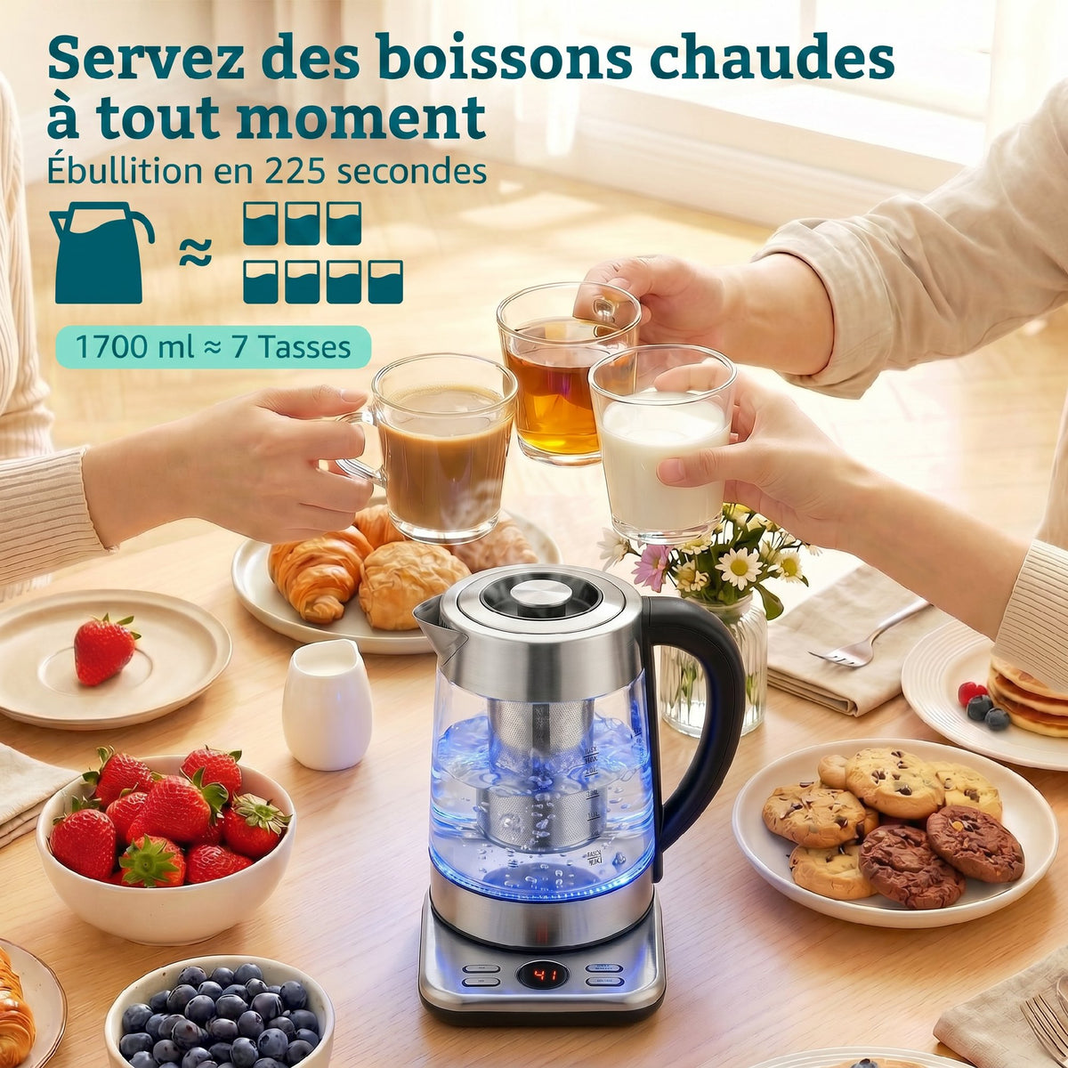 Bouilloire électrique, 1,7L, ébullition rapide 2200W avec thermostat strix, infuseur à thé, fonction maintien au chaud-3