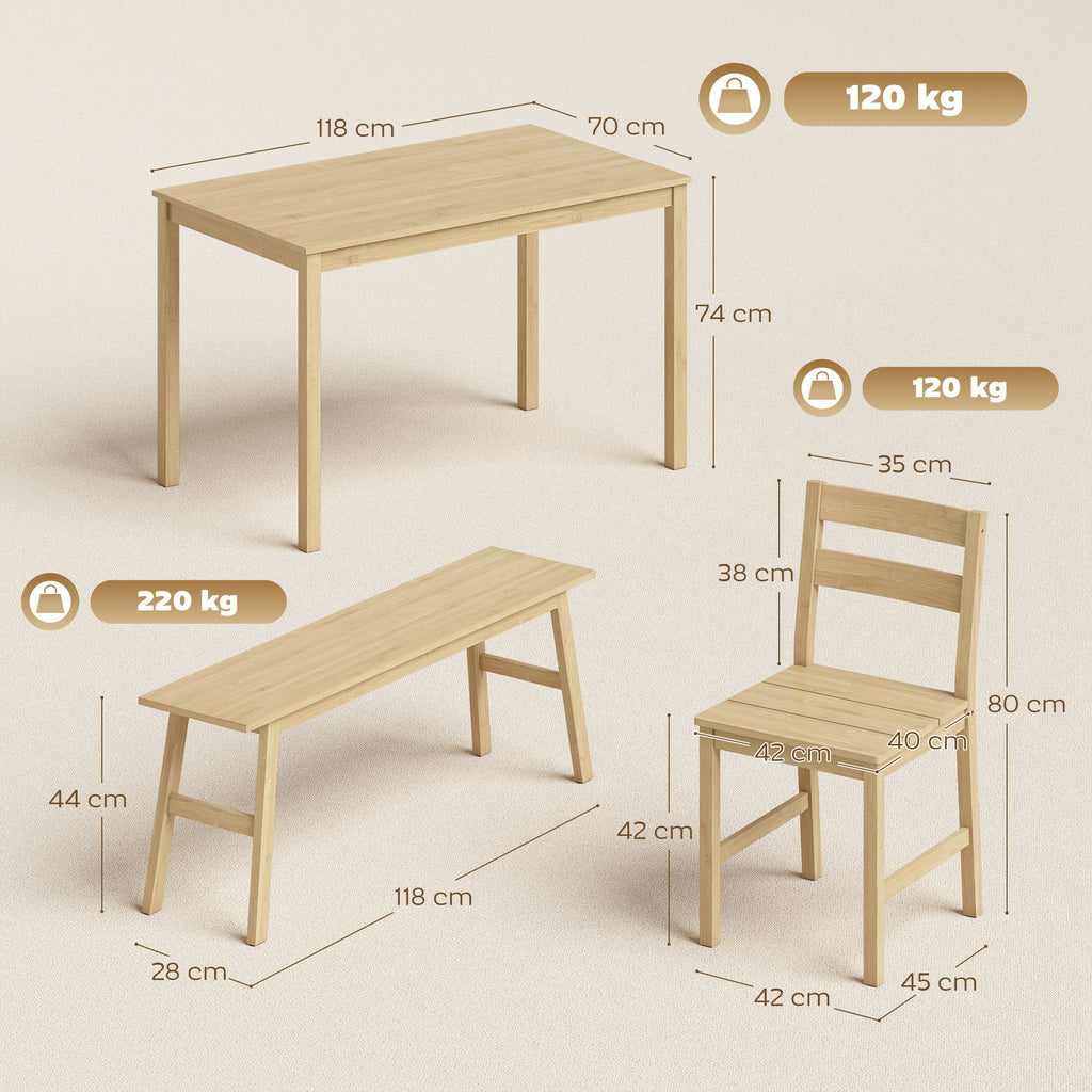 Ensemble de salle à manger en bambou, table à manger avec 2 chaises et banc pour 4 personnes, bois naturel-2