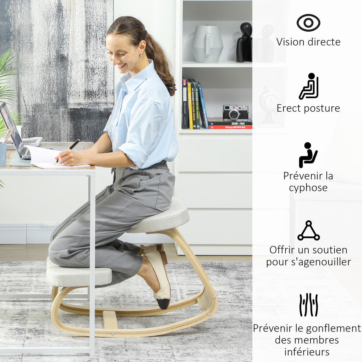 Siège assis genoux, siège ergonomique en bois à bascule, chaise à genoux pour bureau à domiciles, crème-4