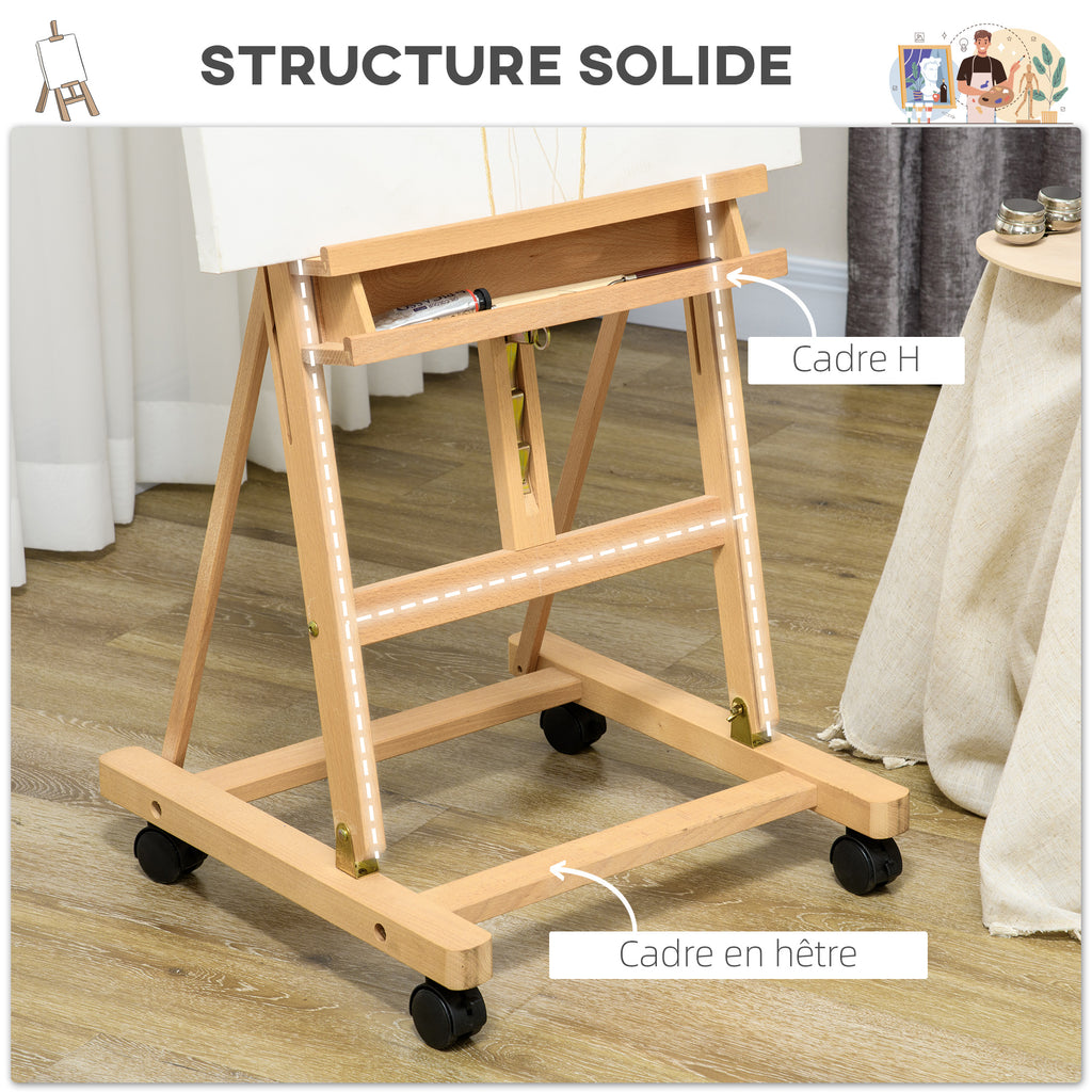 Chevalet d'artiste sur roulettes pliable en bois de hêtre pour toiles à peindre jusqu'à 118 cm bois naturel-4