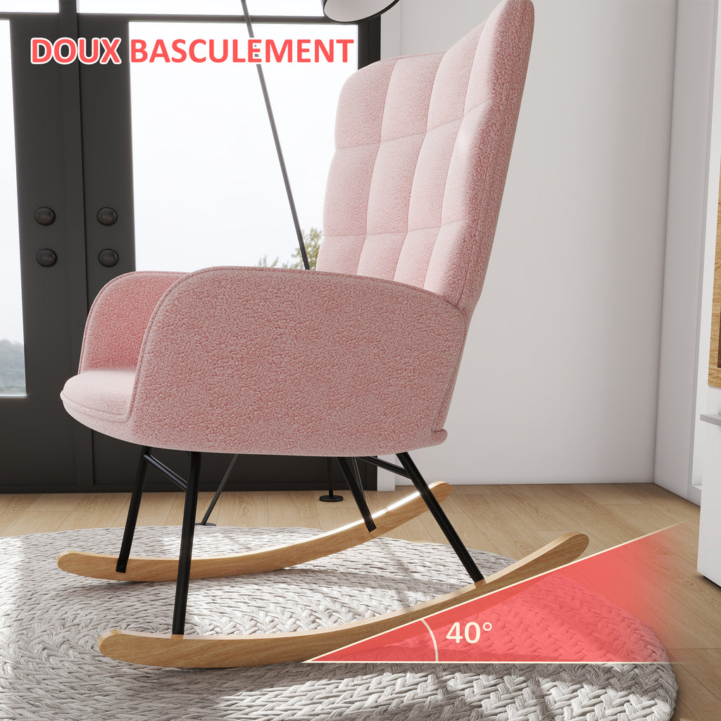 Fauteuil à bascule rocking chair revêtement bouclette structure en acier 71 x 98 x 101 cm rose-3