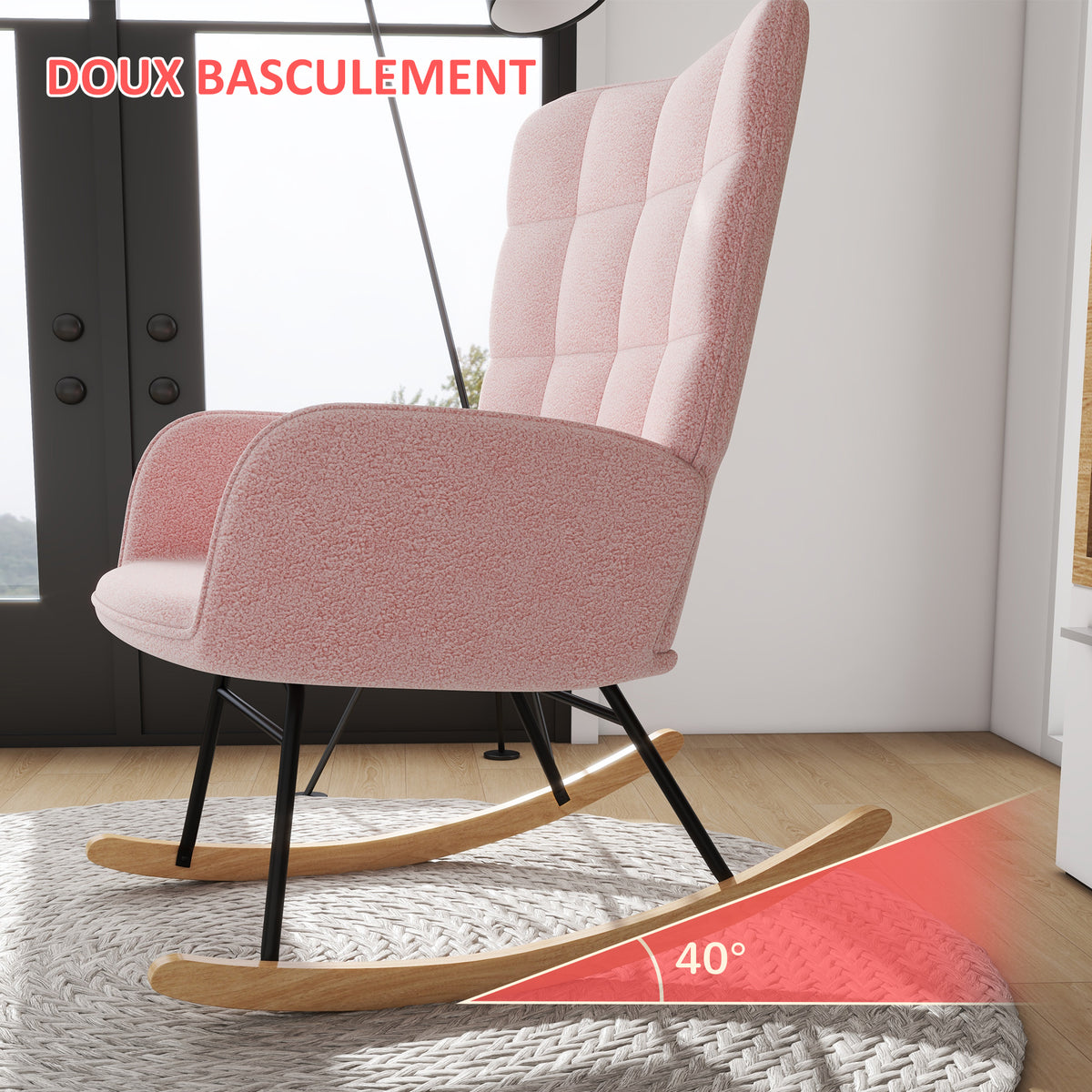 Fauteuil à bascule rocking chair revêtement bouclette structure en acier 71 x 98 x 101 cm rose-3