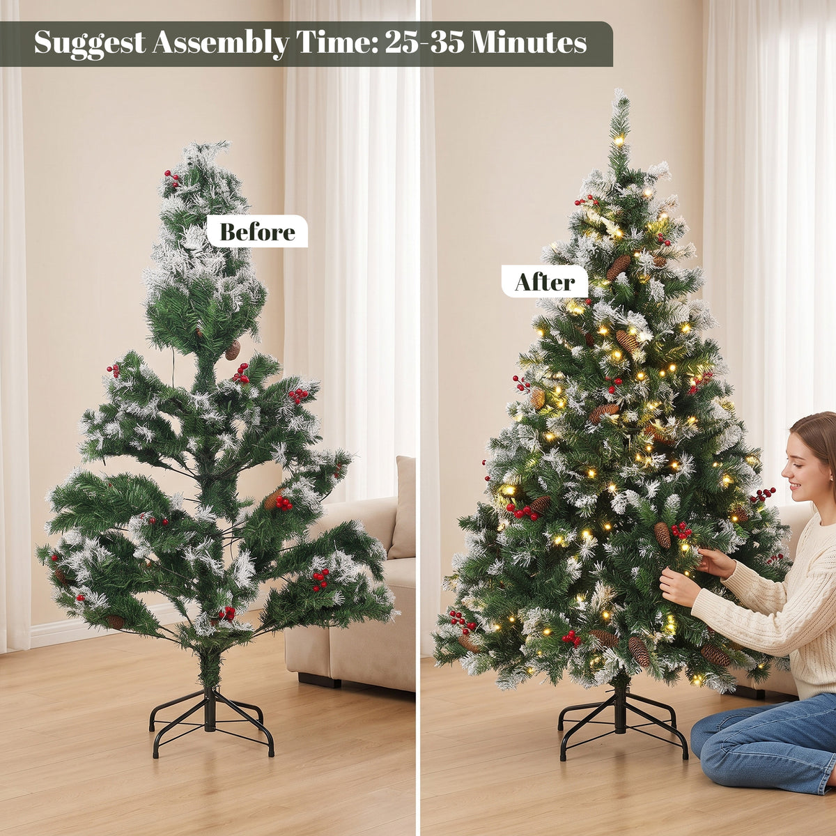 Sapin de Noël Artificiel Lumineux et Enneigé 150cm, Arbre de Noël, Télécommande, 11 Modes d'Éclairage, 210 LED, Vert-7