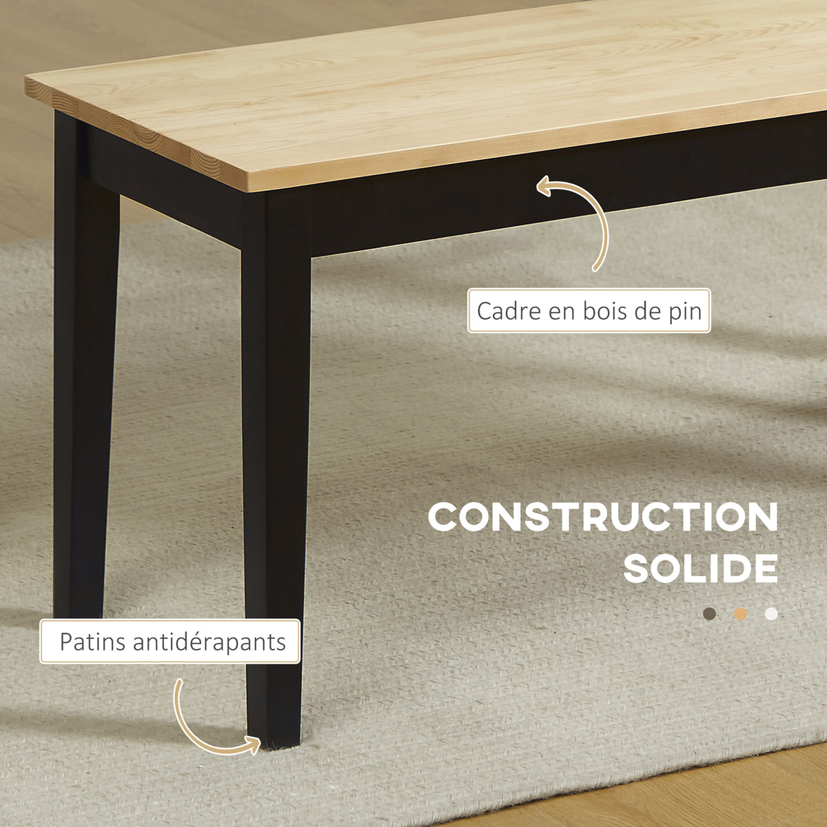 Banc en bois pour 2 personnes bicolore assise naturelle et piètement noir 102 x 36 x 45 cm-4