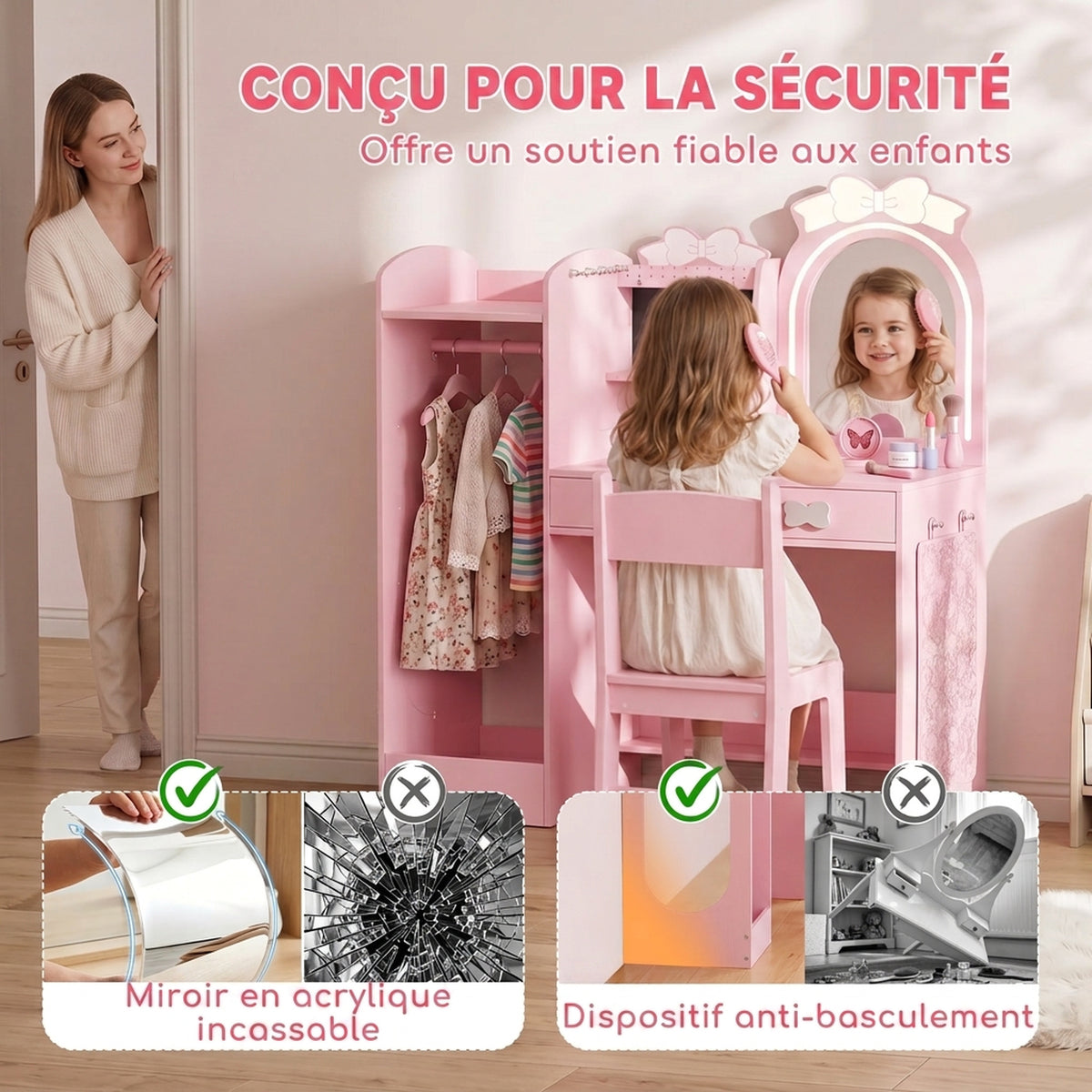 Coiffeuse pour Enfants avec Tabouret et Miroir Lumineux à 2 Couleurs en Acrylique, Coiffeuse Bureau Fille 3-8 Ans, Rose-6