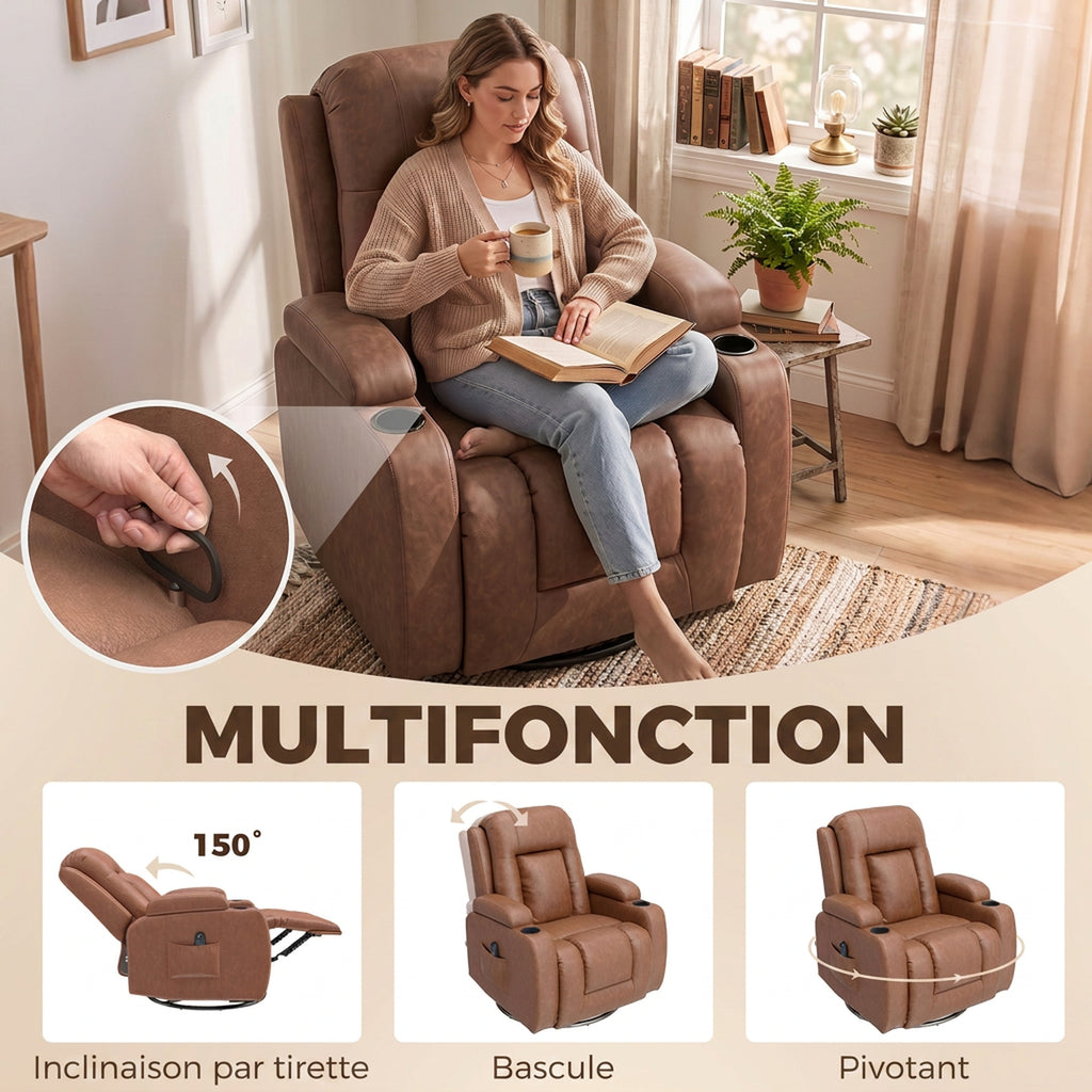 Fauteuil Inclinable de Massage et Chauffage, Fauteuil de Relaxation, Dossier Réglable, Pivotant, 82x99x103cm, Marron-4