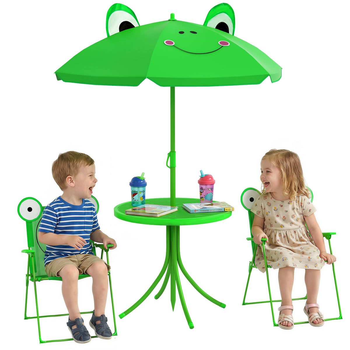 Ensemble Salon de Jardin Enfant 4 pcs Design Grenouille - Table Ronde + 2 chaises Pliables + Parasol - métal époxy Oxford Vert-0