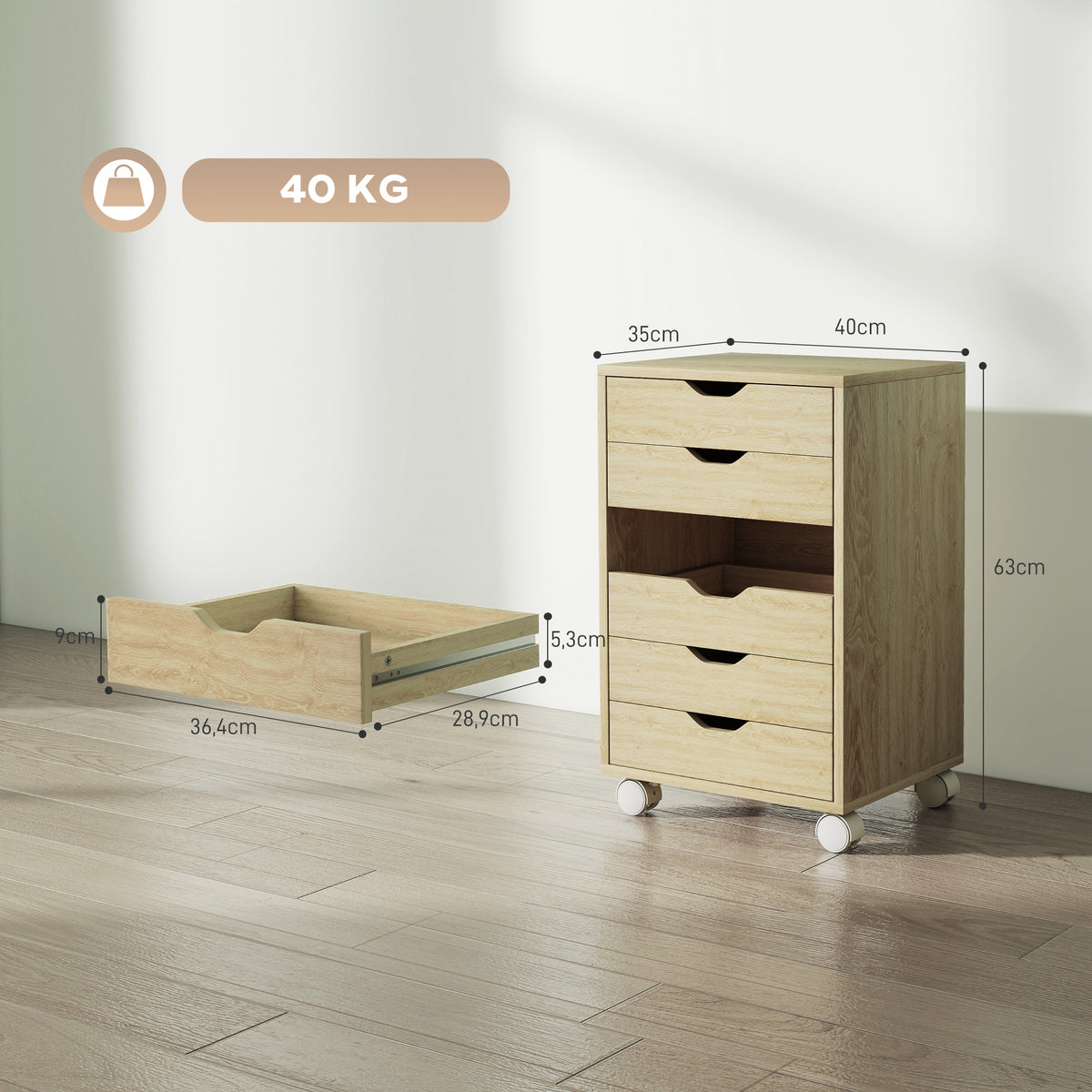Caisson de Bureau Mobile 6 Tiroirs Silencieux, Support d'Imprimante, Poignées Encastrées, 40 x 35 x 63 cm, Chêne-2