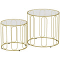 Lot de 2 tables basses gigognes rondes modernes avec cadre en métal et plateau en verre, ton doré-0