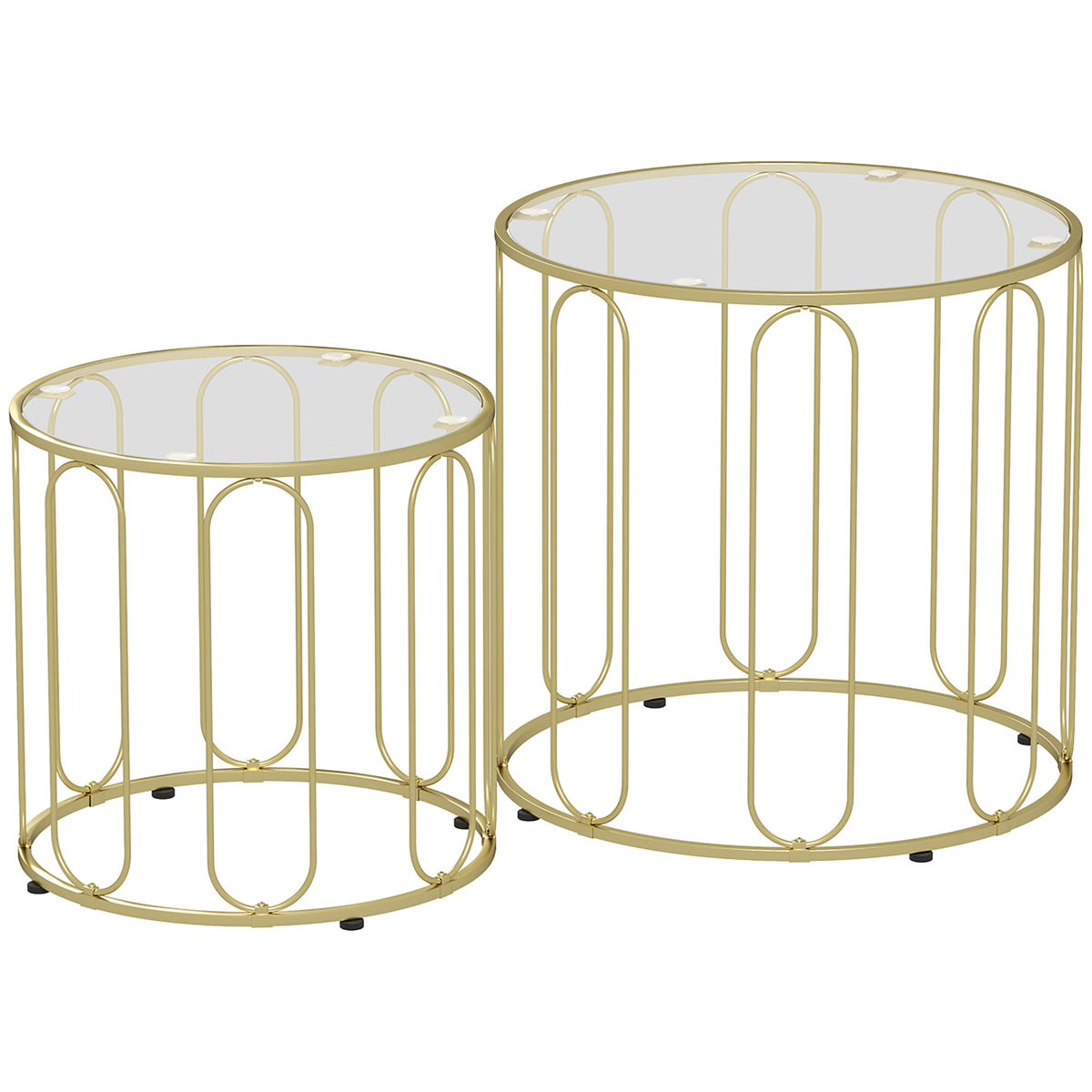 Lot de 2 tables basses gigognes rondes modernes avec cadre en métal et plateau en verre, ton doré-0