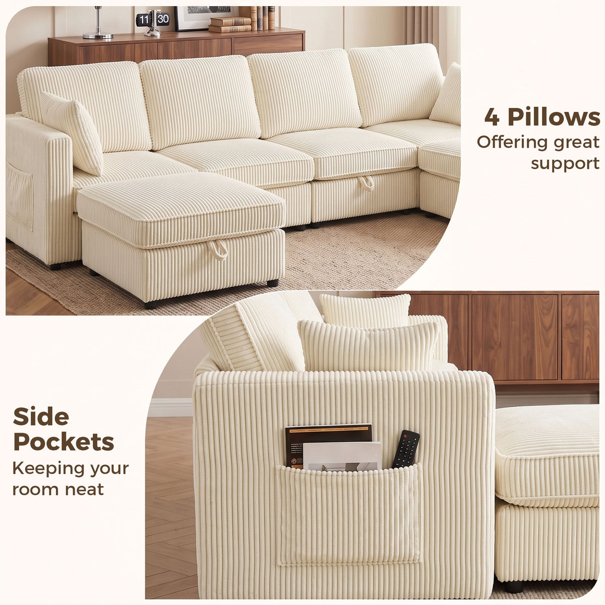 Canapé 4 Places avec 2 Poufs de Rangement, Canapé d'Angle Modulable en U 306 cm en Velours Côtelé, 4 Coussins, Crème-7