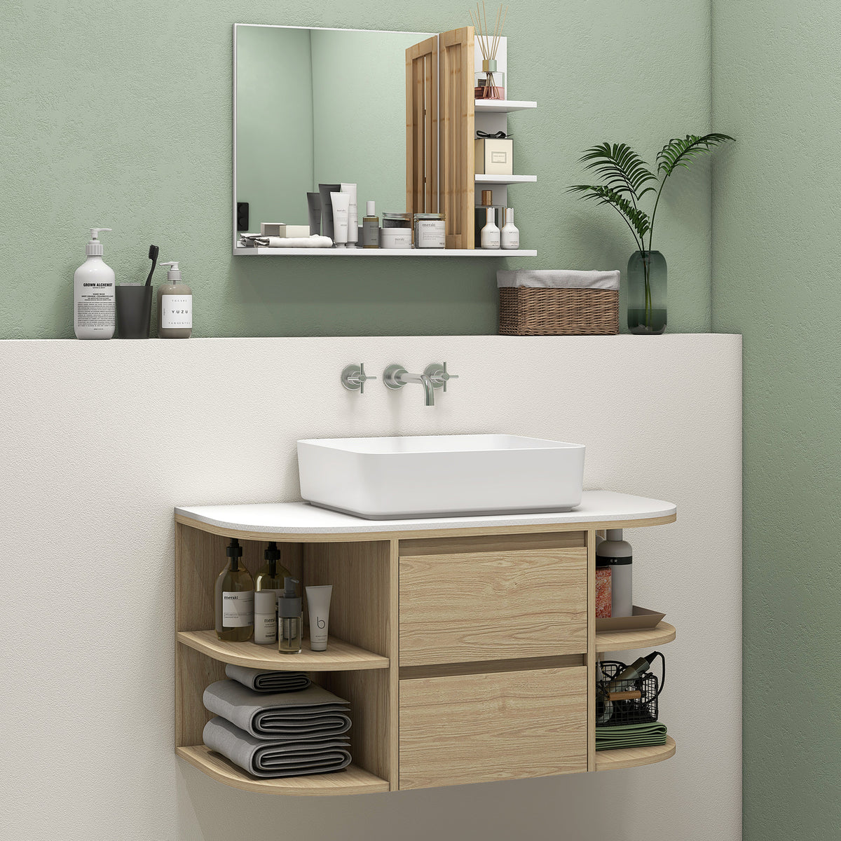 Meuble sous lavabo salle de bain suspendu meuble sous vasque avec tiroirs à fermeture douce et étagères, marron-1