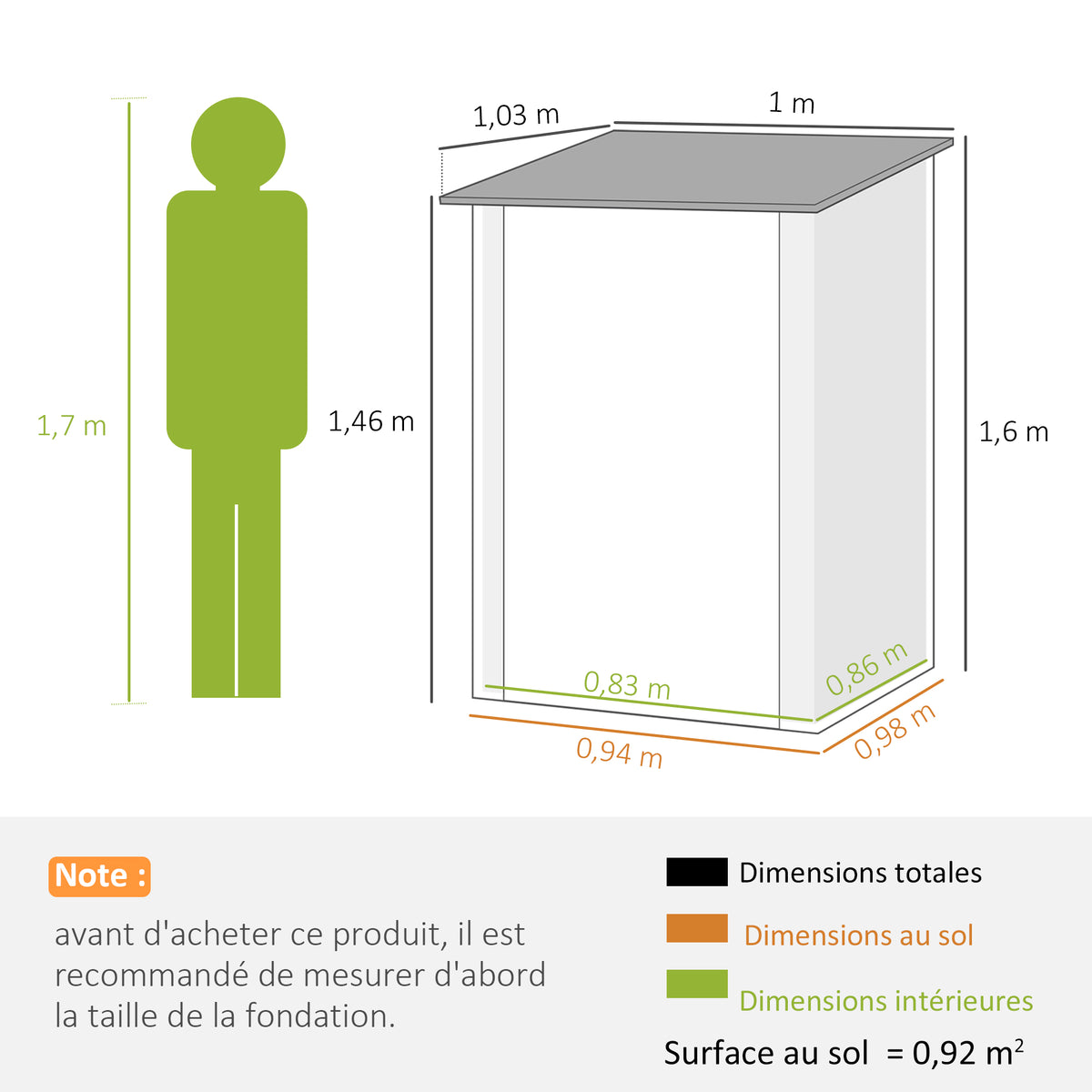 Abri de Jardin 1m² - Remise pour Outils - cabanon Porte verrouillable - dim. 1L x 1,03l x 1,6H m - tôle d'acier ondulée-2