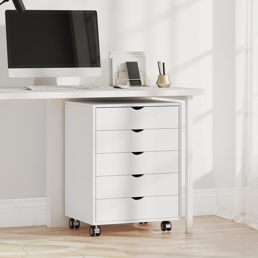 Caisson bureau mobile avec 5 tiroirs, meuble rangement bureau à roulettes pour documents A3/Lettre/A4, blanc-9