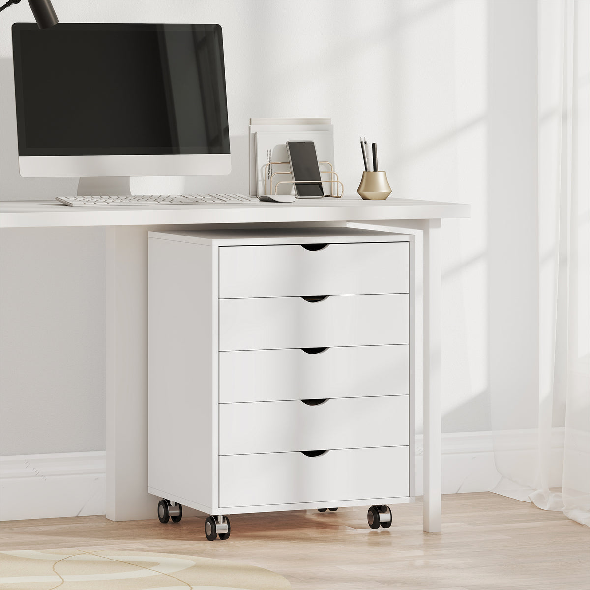 Caisson bureau mobile avec 5 tiroirs, meuble rangement bureau à roulettes pour documents A3/Lettre/A4, blanc-9
