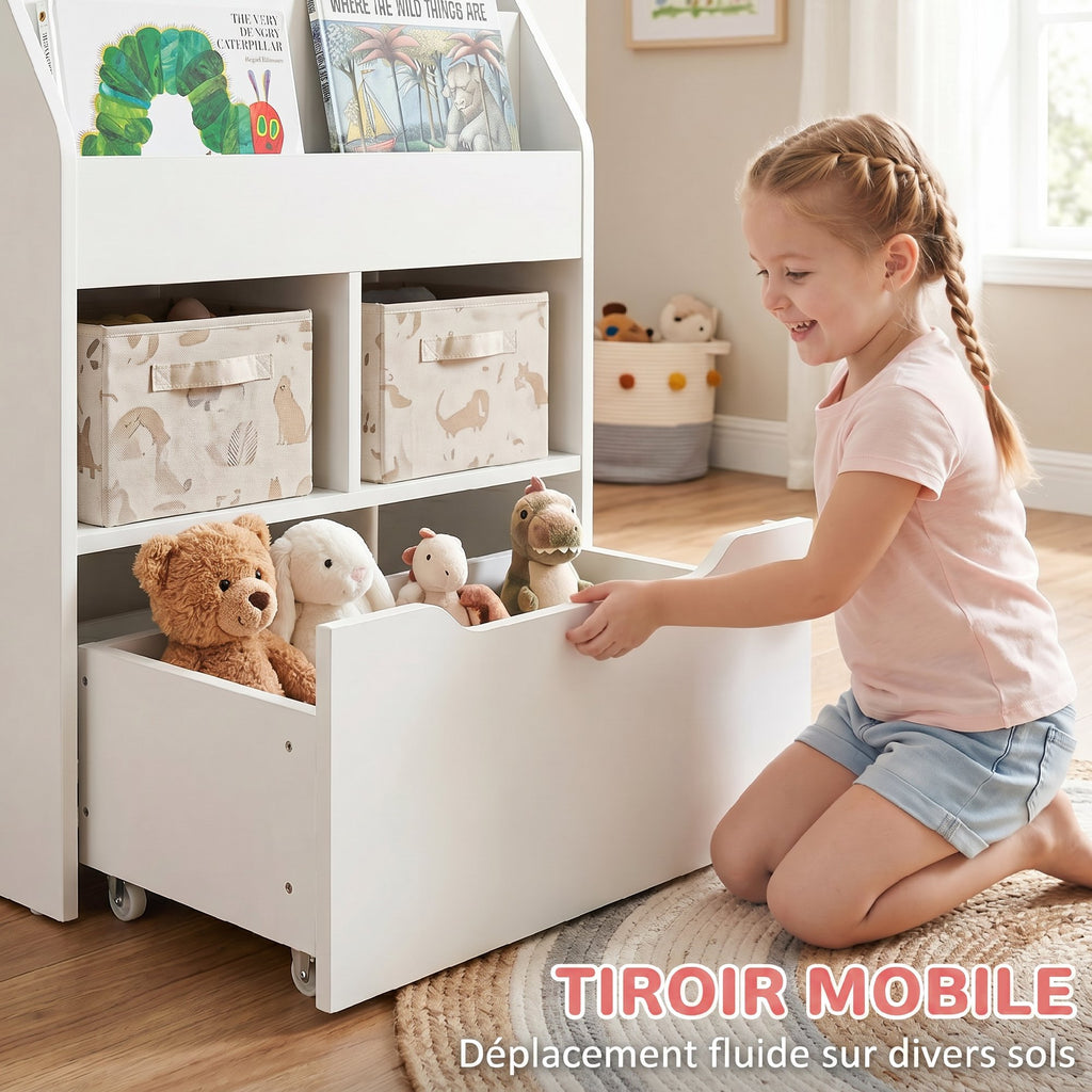 Bibliothèque étagère Multi-Rangement 3 étagères 2 niches Grand tiroir en bois Blanc-5