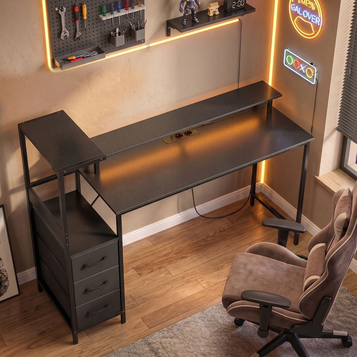 Bureau Gaming 147 x 47 cm, Éclairage RGB, Prises et Ports USB, Support pour Unité Centrale Réglable et Réversible, Noir-1