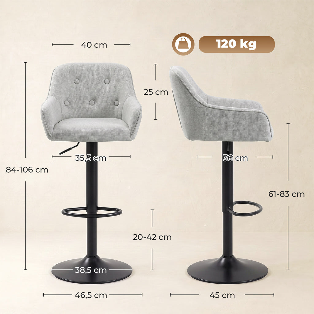 Tabourets de Bar Lot de 2, Chaises de Bar en Chenille, Hauteur Réglable, Pivotant 360°, Dossier et Repose-Pieds, Gris-2