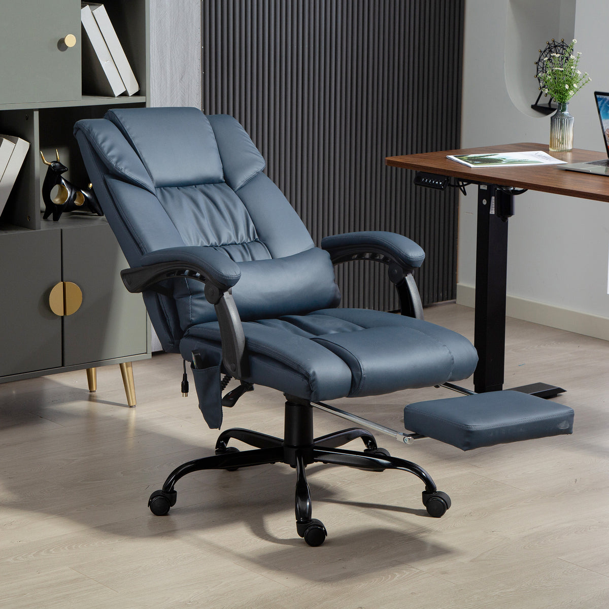 Fauteuil de bureau massant, repose-pied, hauteur réglable, dossier inclinable, télécommande filaire, 66x75x122cm, bleu-9