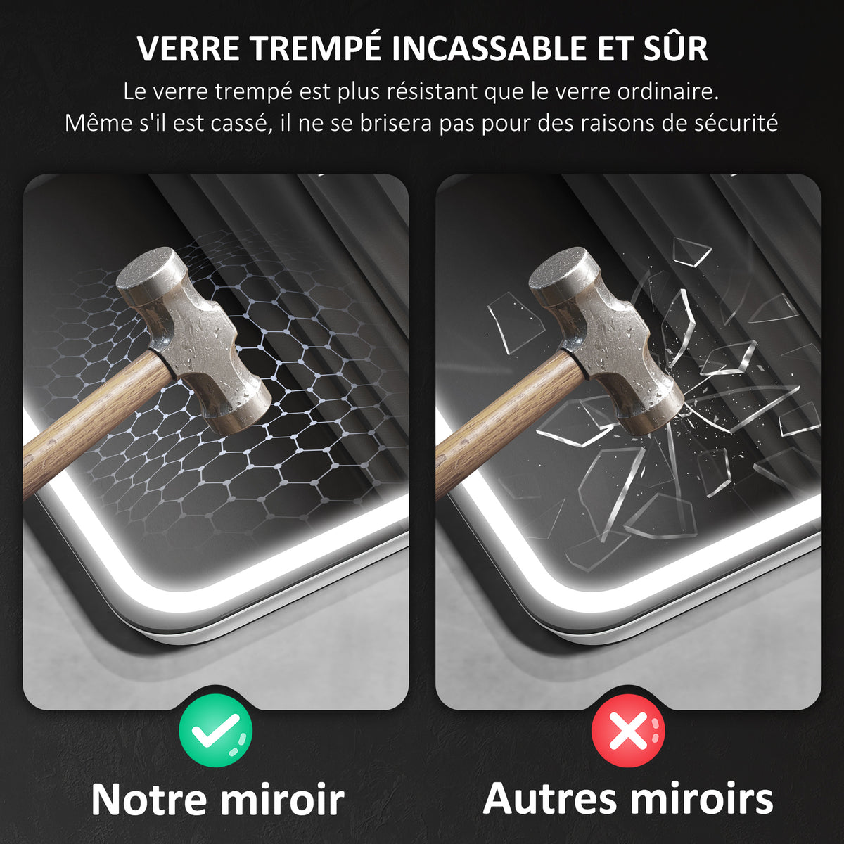 Miroir salle de bain Bluetooth avec éclairage LED 60 x 80 cm, miroir lumineux mural avec horloge, antibuée, argenté-9
