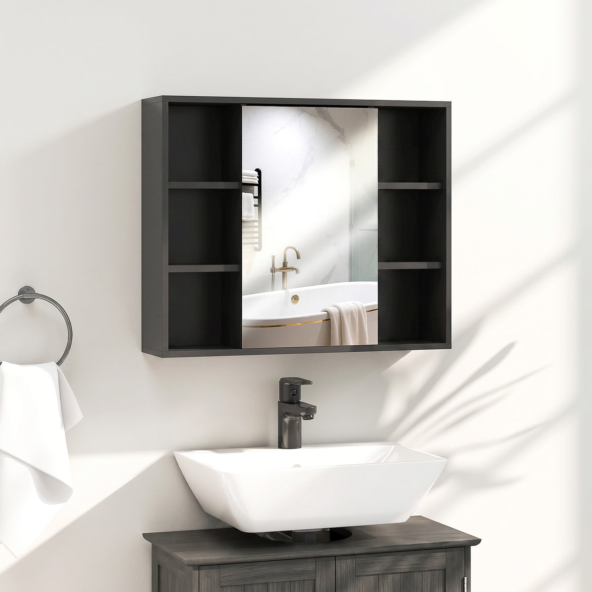 Meuble salle de bain avec miroir, placard à portes et 6 compartiments ouverts, 60 x 14,5 x 49,4 cm, noir-1