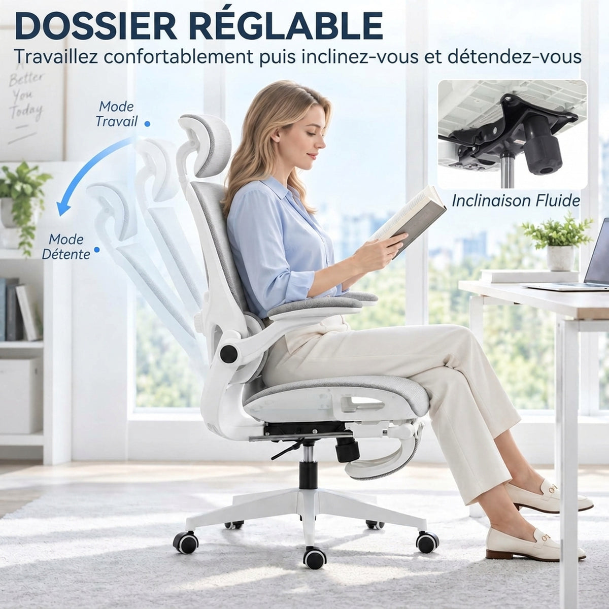 Chaise Bureau Ergonomique Inclinable en Maille, Support Lombaire, Appui-Tête, Accoudoirs Relevables, 62x66x126cm, Gris-4