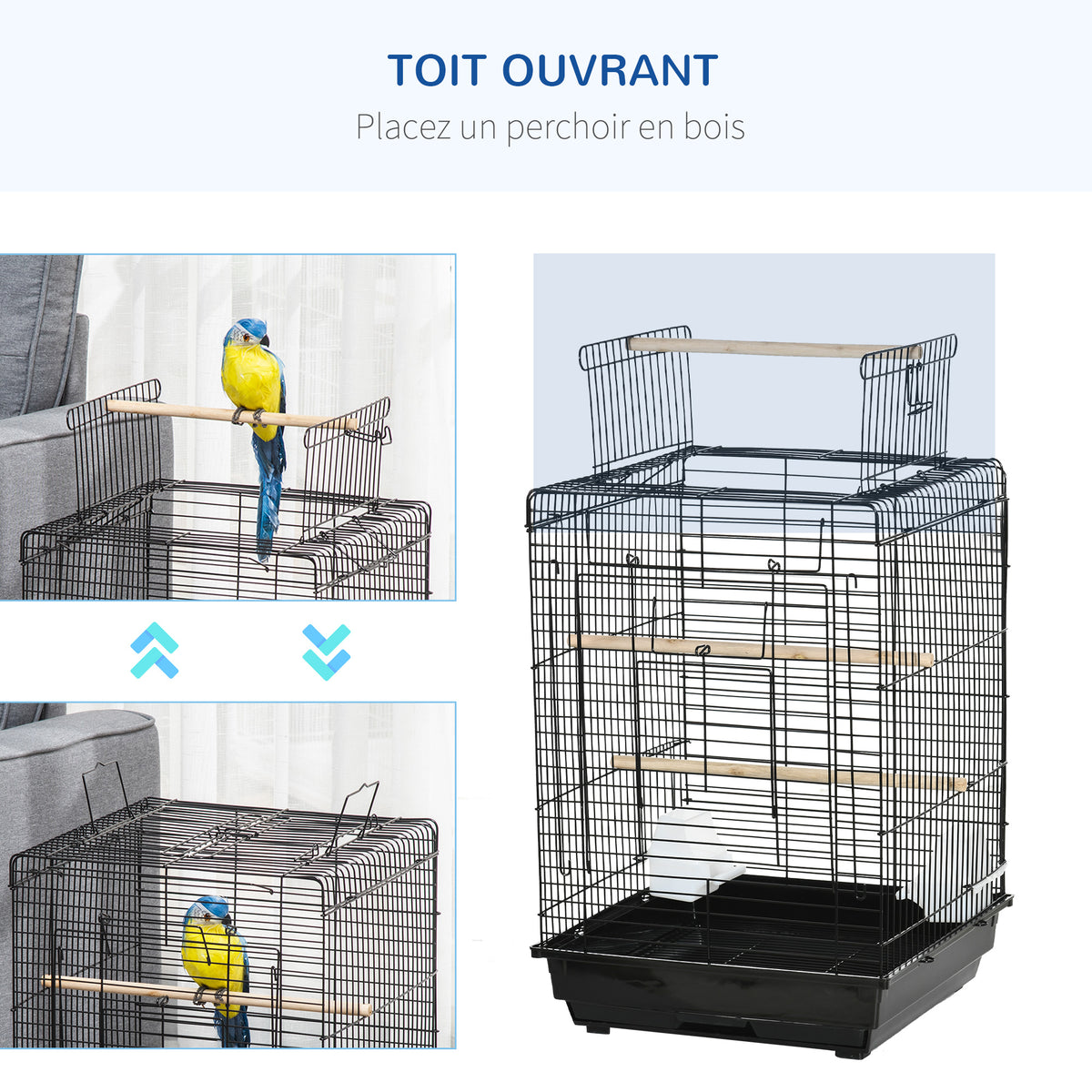Cage à oiseaux en métal avec mangeoires perchoirs plateau amovible poignée dim. 40L x 40l x 59H cm noir-7