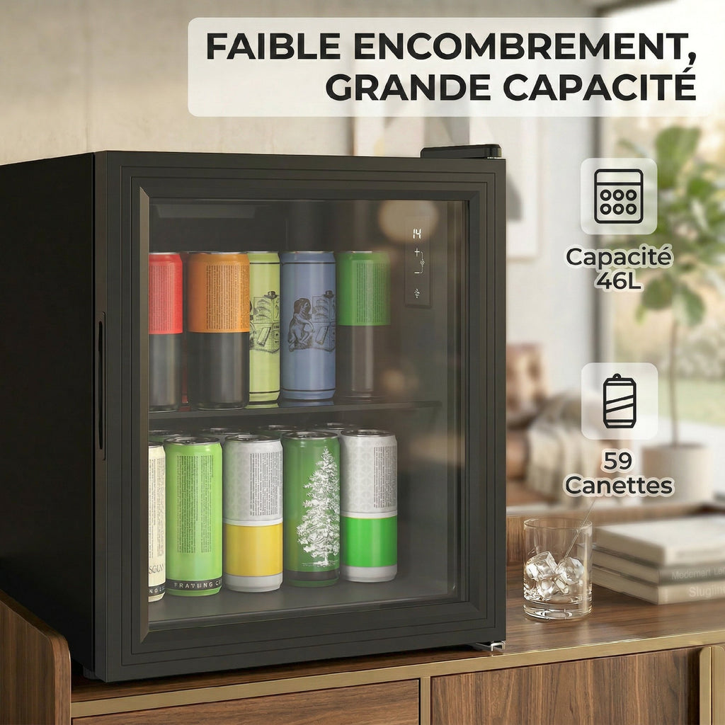 Réfrigérateur à boissons 46L 59 canettes, mini frigo silencieux pose libre avec porte en verre trempé double, noir-3