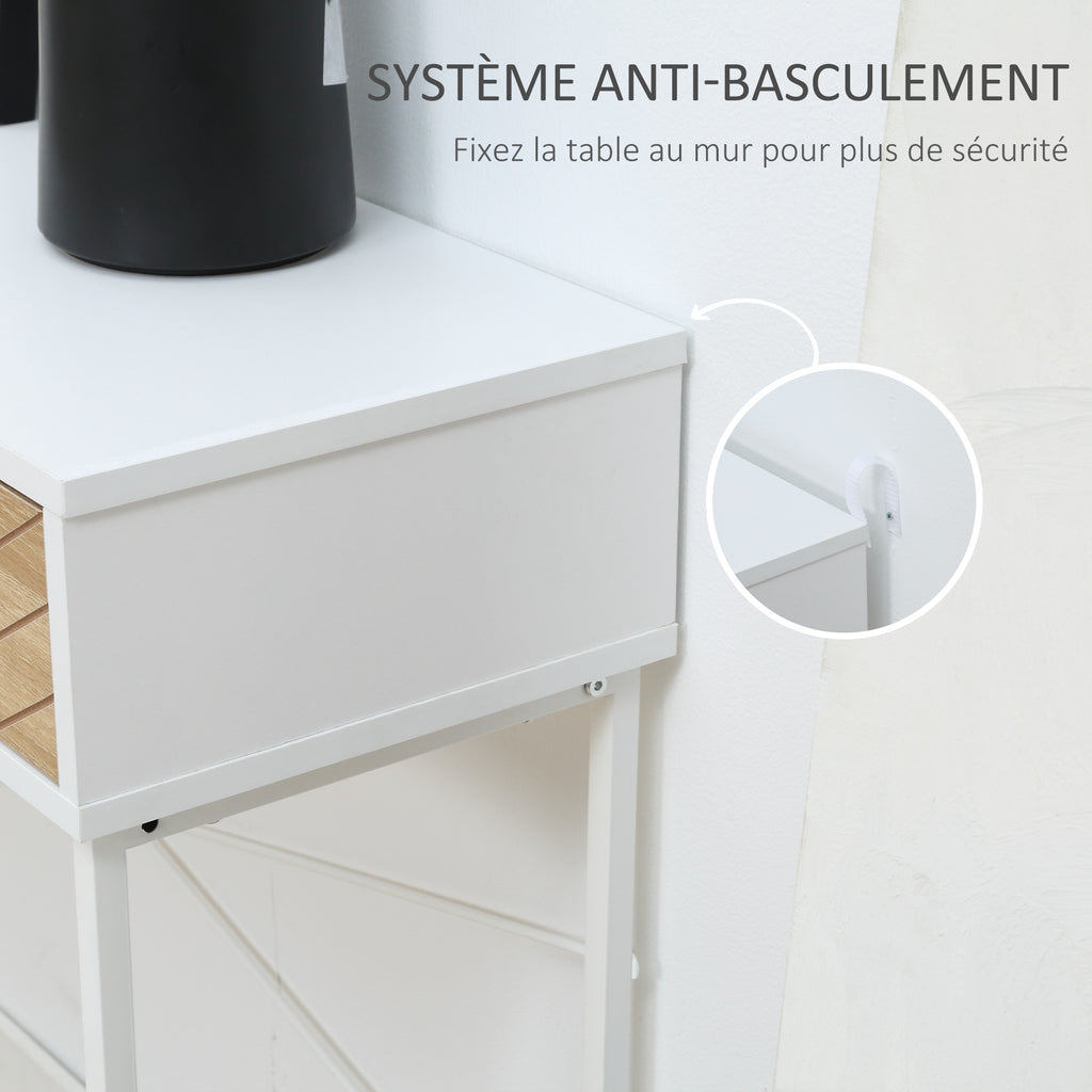 Table Console Industriel 2 tiroirs Aspect Bois de chêne sculpté Motif à Chevrons piètement métal Blanc-6