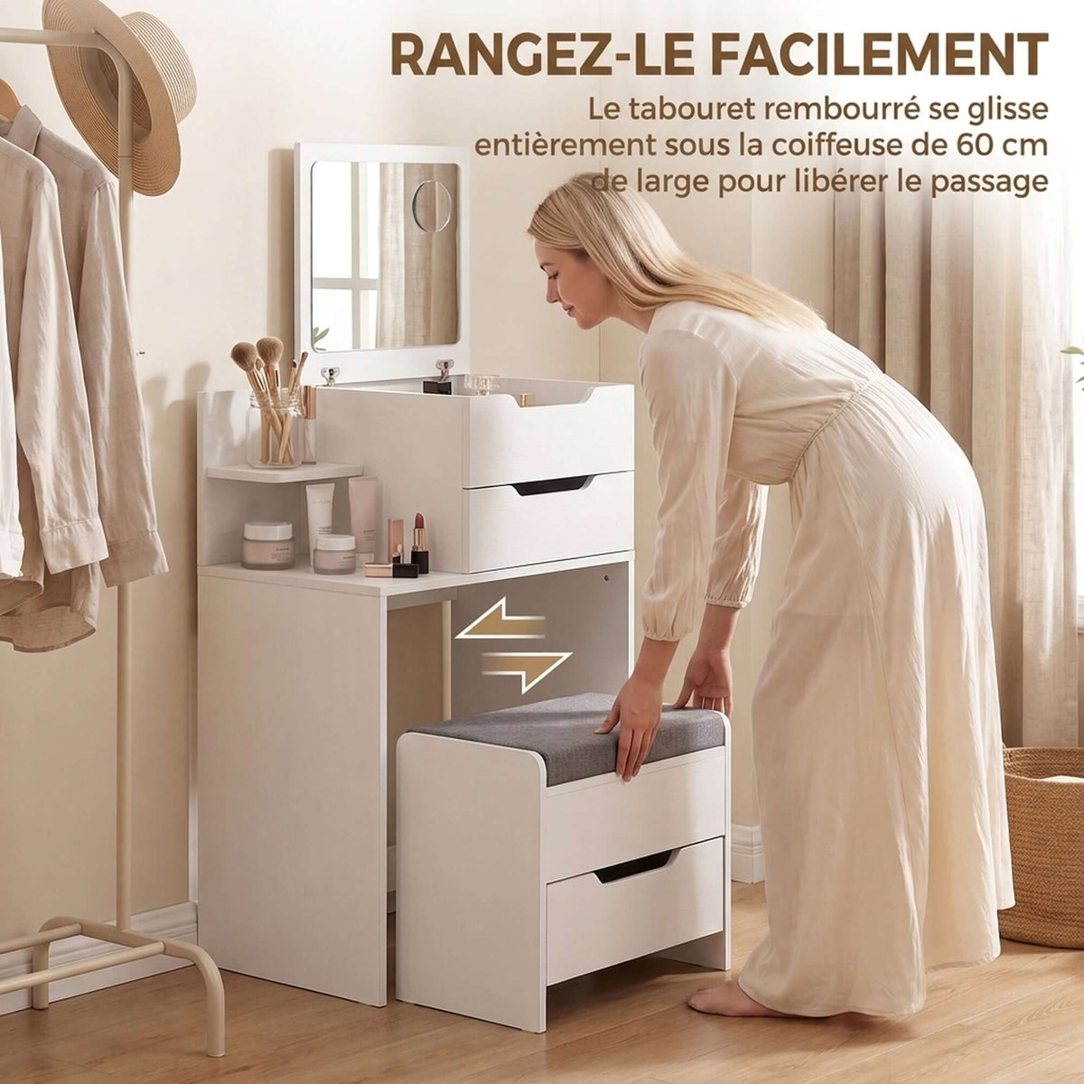 Coiffeuse avec Miroir Rabattable, Tabouret à Roulettes, Siège Rembourré, Tiroir, Étagère, Compartiment, Blanc-5