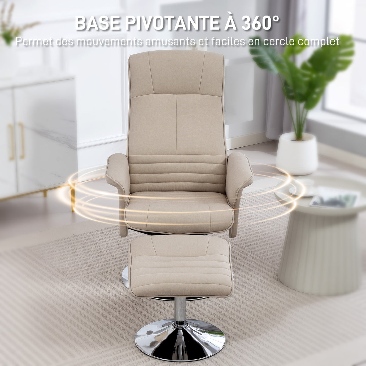 Fauteuil relax inclinable 135° pivotant 360° avec repose-pieds revêtement tissu beige-4