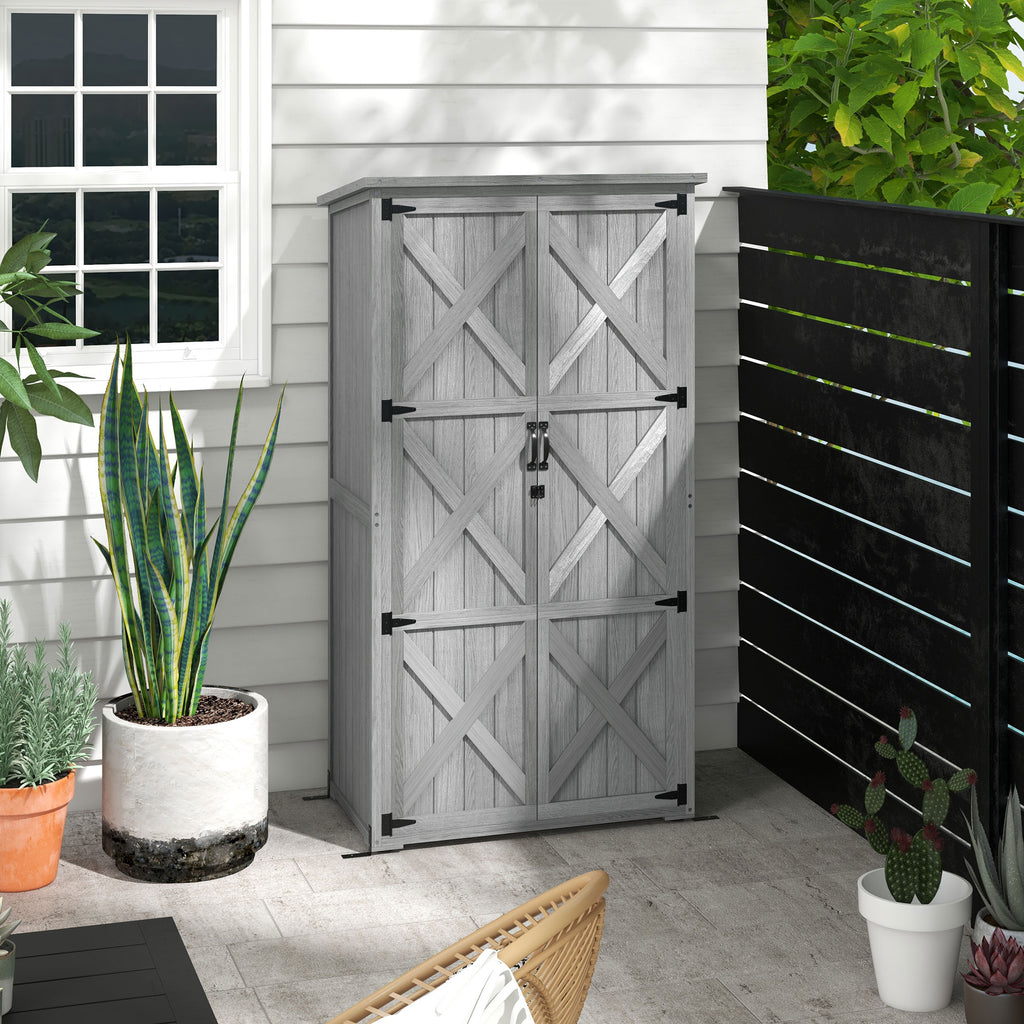 Armoire de jardin, abri jardin sur pied, avec 2 étagères, toit incliné et bitumé, en bois massif, 90x54,5x168,5cm, gris-1