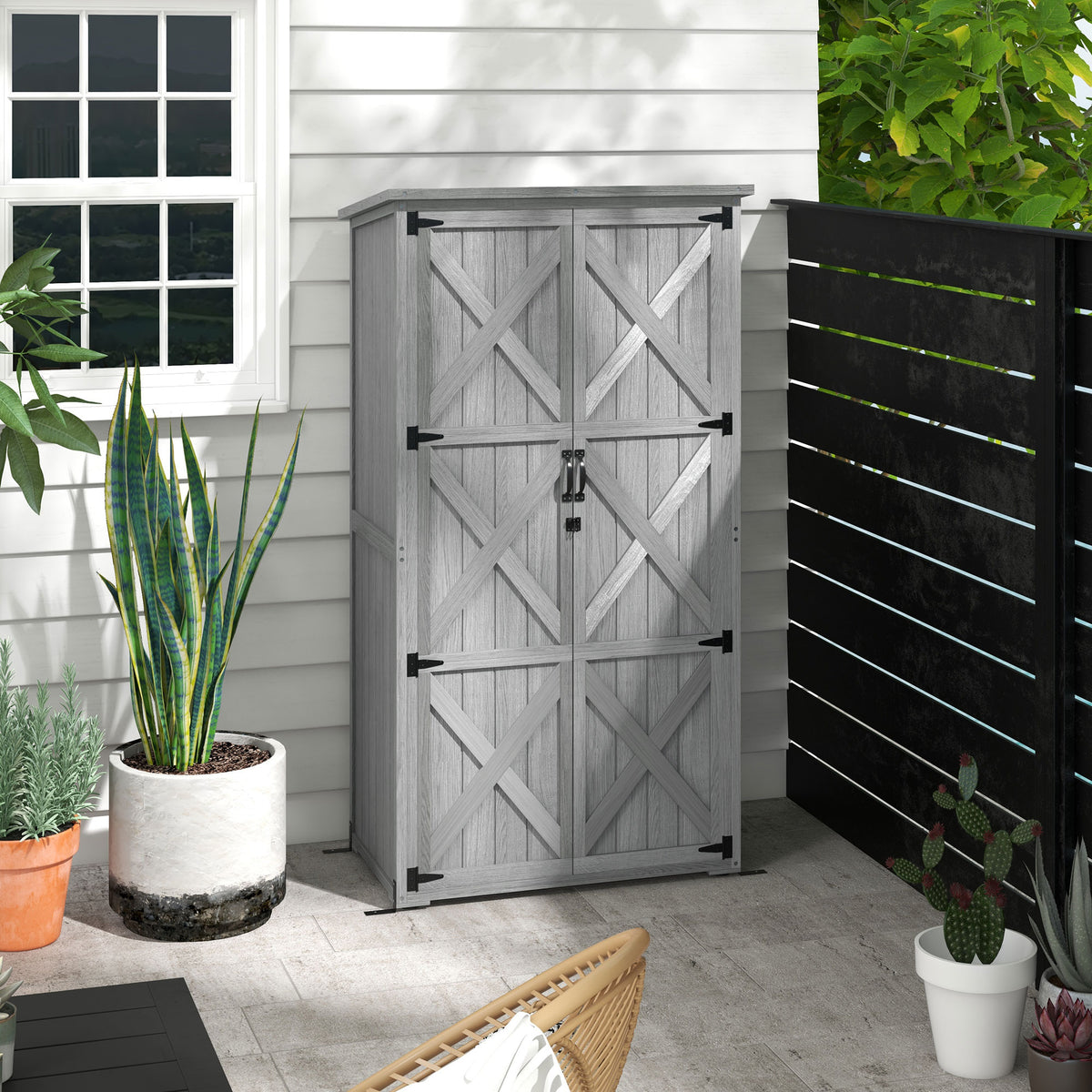 Armoire de jardin, abri jardin sur pied, avec 2 étagères, toit incliné et bitumé, en bois massif, 90x54,5x168,5cm, gris-1