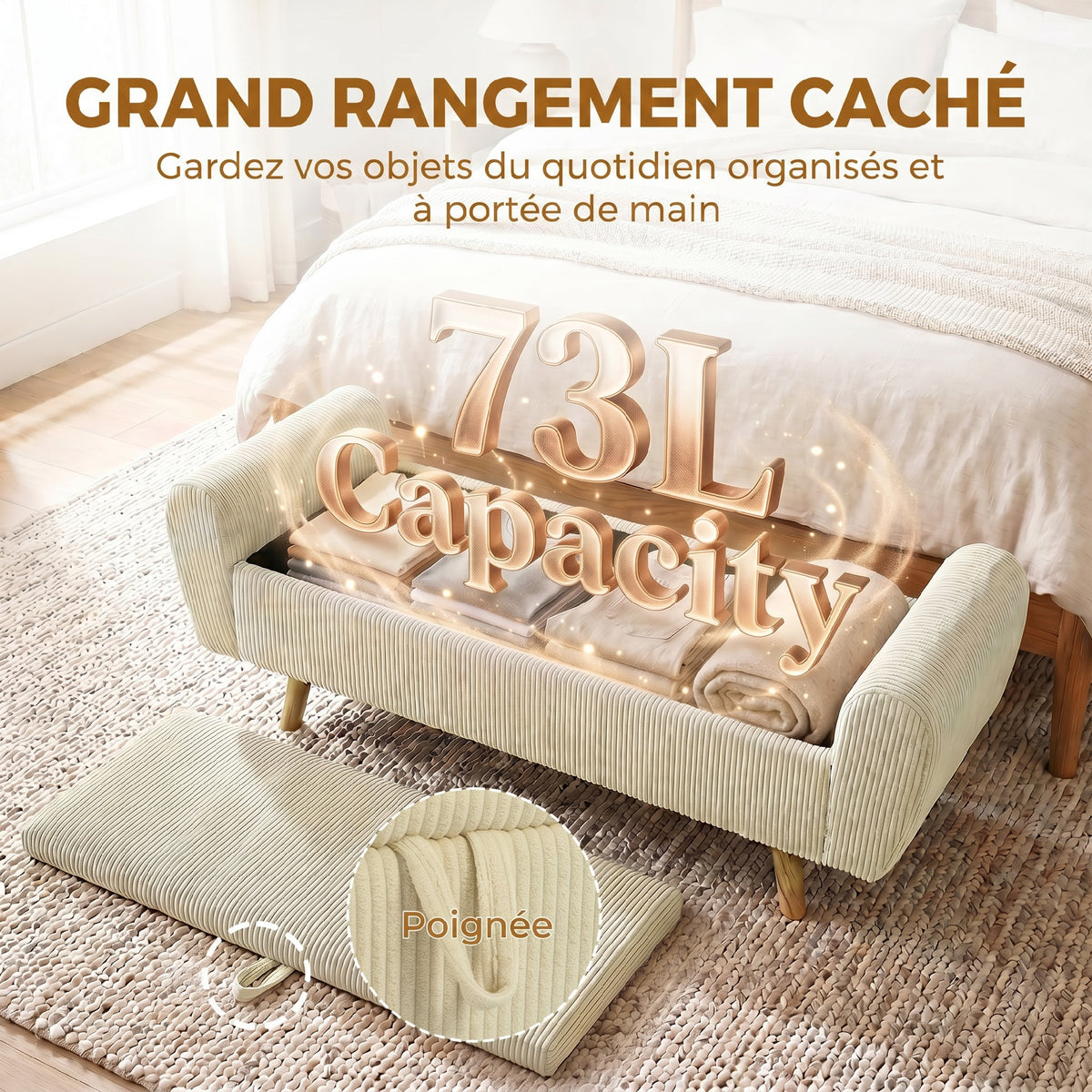 Banc de rangement 73 L, coffre de rangement rembourré en velours côtelé avec accoudoirs et pieds en bois d'hévéa, beige-4