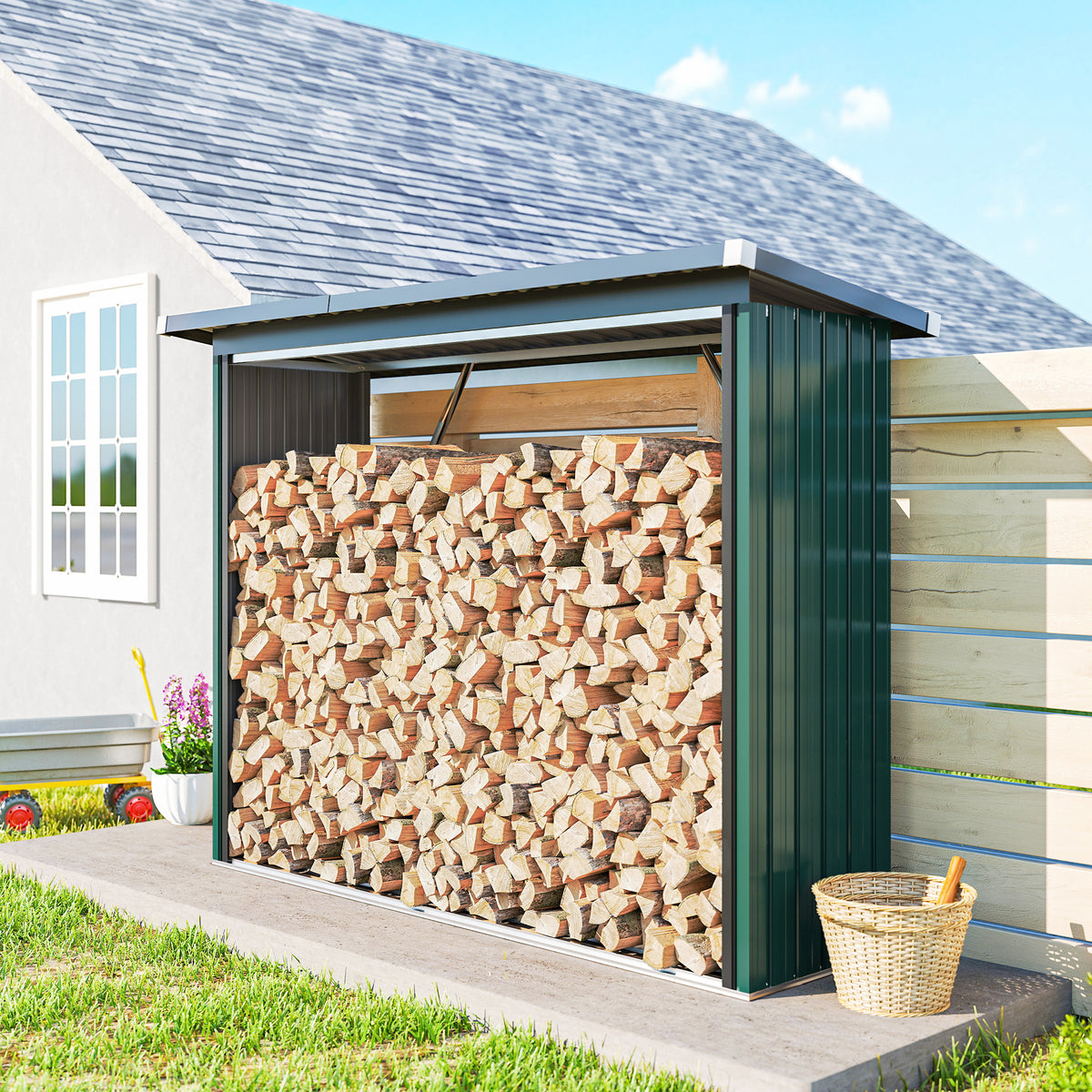 Abri-bûches Couvert Support pour Bois de Chauffage Plancher Surélevé Toit Incliné, Acier Galvanisé 213x66,5x150cm Vert-1
