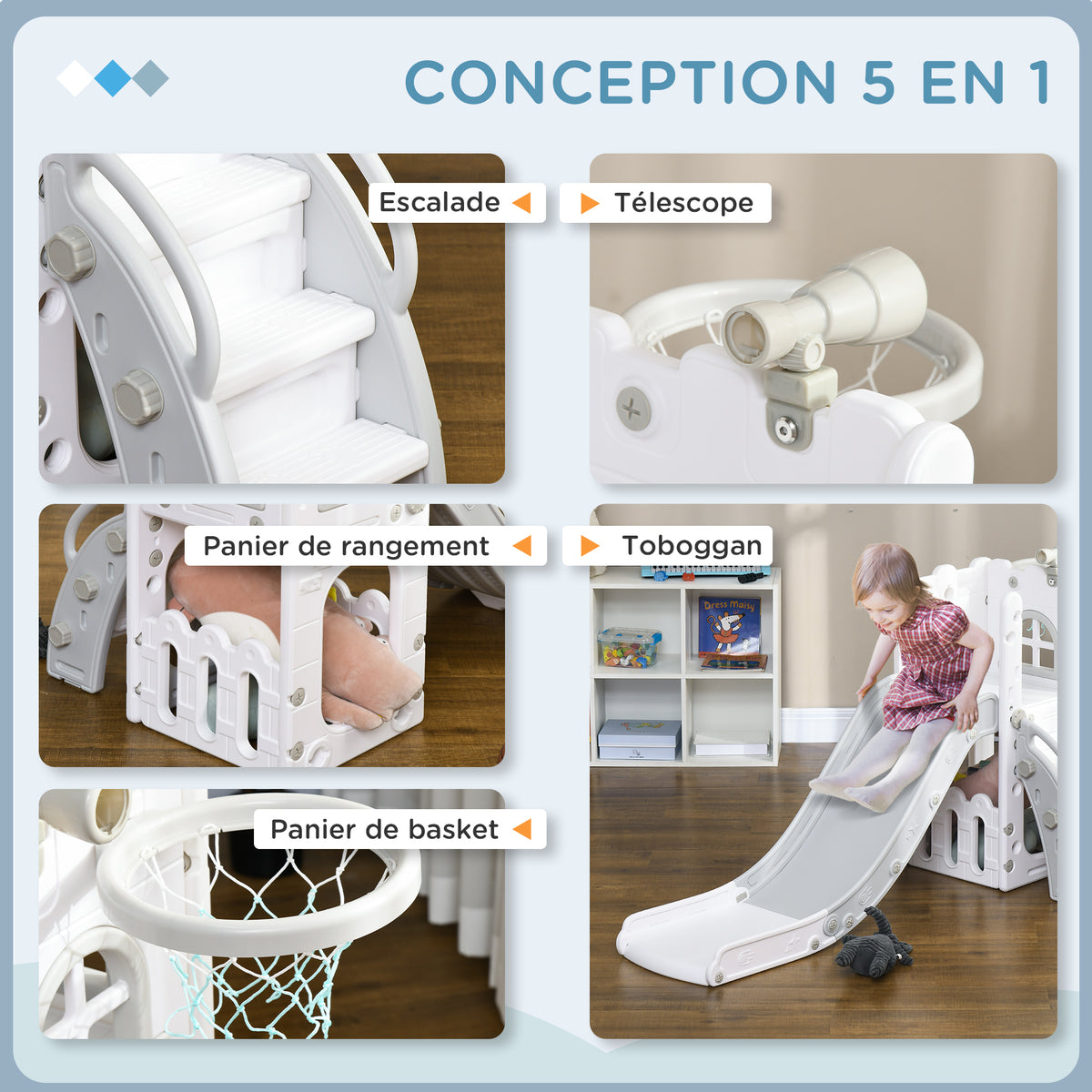 Toboggan pour enfants 5 en 1 avec panier de basket escalade télescope espace de rangement 70 x 177 x 92 cm gris-3