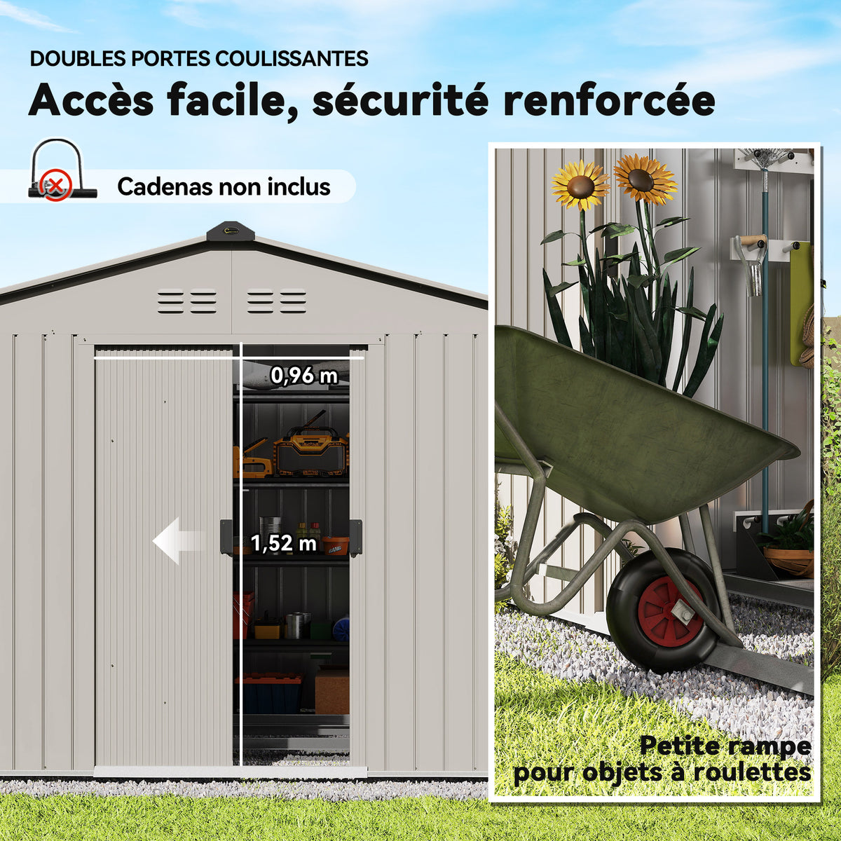 Abri de jardin 5,4 m² dim. 2,77 x 1,95 x 1,92 m fondation incluse porte coulissante ventilations tôle acier, anthracite-5