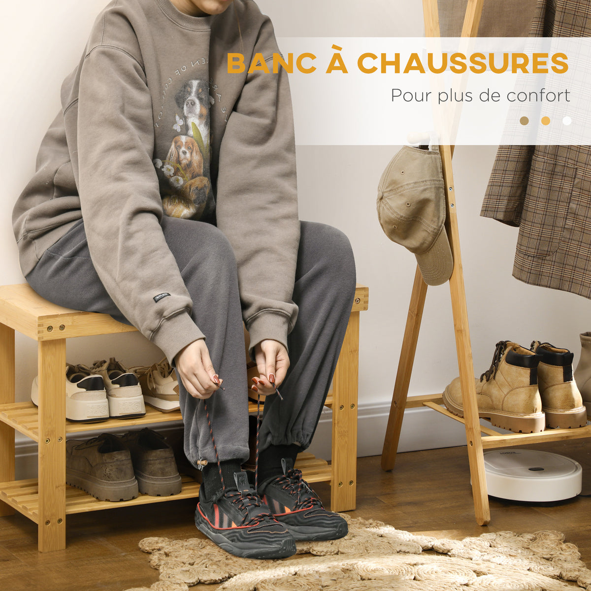 Banc avec meuble à chaussures étagères en bambou dim. 70L x 28l x 45H cm bois naturel-4